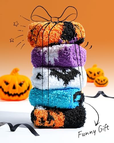 Moyel 5 Pairs Halloween Fluffy Socks Kids Halloween Gifts For Kids 4-12 Years All Hallows' Eve Party Decorations Boo Basket Fillers For Boys Girls Halloween Costume Accessories