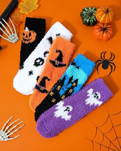 Moyel 5 Pairs Halloween Fluffy Socks Kids Halloween Gifts For Kids 4-12 Years All Hallows' Eve Party Decorations Boo Basket Fillers For Boys Girls Halloween Costume Accessories