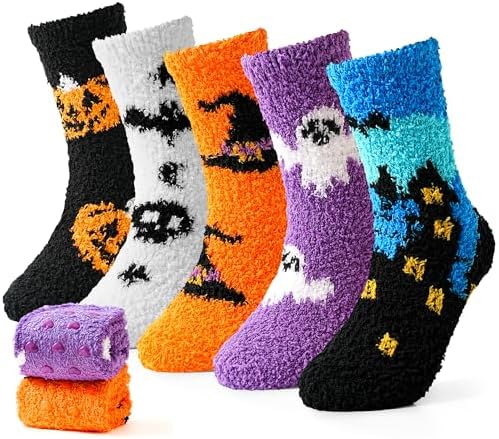 Moyel 5 Pairs Halloween Fluffy Socks Kids Halloween Gifts for Kids 4-12 Years All Hallows' Eve Party Decorations Boo Basket Fillers for Boys Girls Halloween Costume Accessories