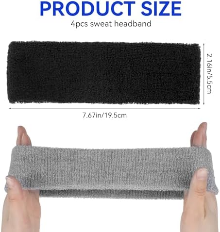 MOZEAT LENS 4Pcs Sweatbands Sport Headbands For Men & Women Headbands For Men Terry Cloth Sweat Band For Tennis Basketball Working Out Running Working Gym(black Gray Blue Red)