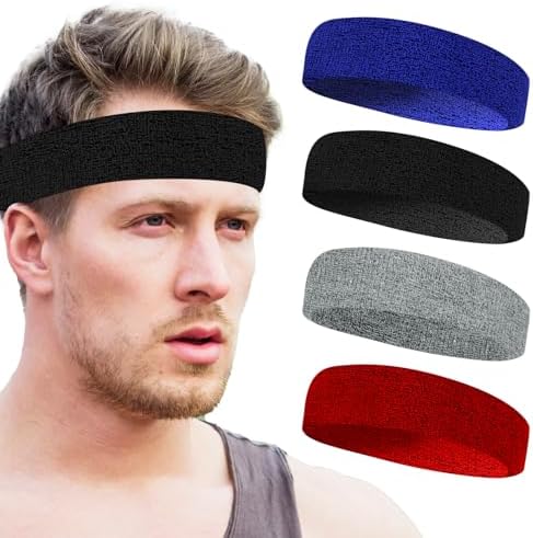 MOZEAT LENS 4Pcs Sweatbands Sport Headbands for Men & Women Headbands for Men Terry Cloth Sweat Band for Tennis Basketball Working Out Running Working Gym(black gray blue red)