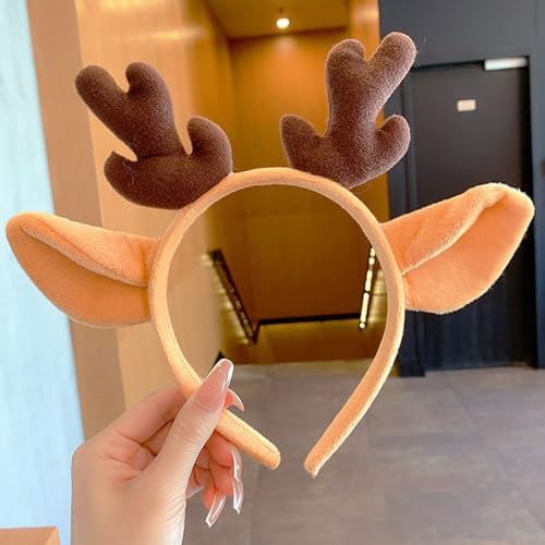 MUNSKT Christmas Reindeer Antlers Headband Cute Xmas Deer Ear Head Accessories Cosplay Reindeer Costume Animal Ears Headband Fluffy Realistic Deer Antlers Headband For Christmas Party Favors Brown