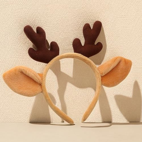 MUNSKT Christmas Reindeer Antlers Headband Cute Xmas Deer Ear Head Accessories Cosplay Reindeer Costume Animal Ears Headband Fluffy Realistic Deer Antlers Headband For Christmas Party Favors Brown