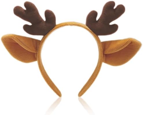 MUNSKT Christmas Reindeer Antlers Headband Cute Xmas Deer Ear Head Accessories Cosplay Reindeer Costume Animal Ears Headband Fluffy Realistic Deer Antlers Headband for Christmas Party Favors Brown