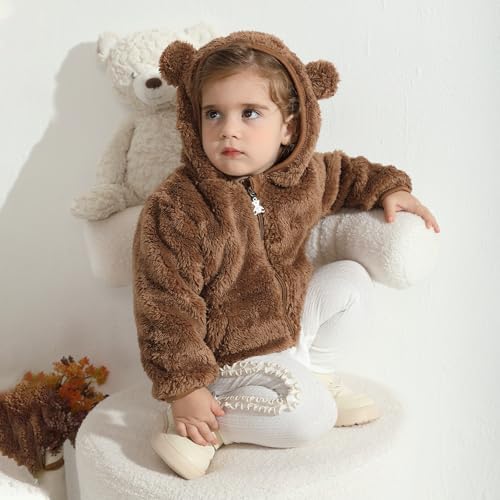 Naiyafly Baby Toddler Boys Girls Fleece Jacket With Hood Zip Up Cute Bear Coats For Infant Boys Girls Kids Fall Winter Warm Jacket With Ear Newborn Solid Color Outwear For 1-5T