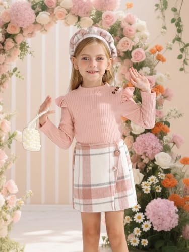 Naiyafly Toddler Girl Outfits Baby Ruffle Ribbed Long Sleeve Ruffle T-Shirt Top Plaid Skirt Fashion Set 3Pcs Kids Girl Fall Winter Clothes 2t 3t 4t 5t 6t