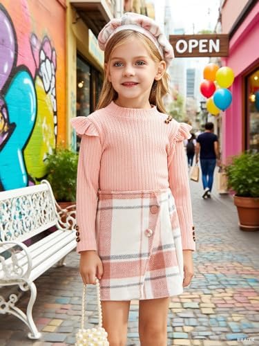 Naiyafly Toddler Girl Outfits Baby Ruffle Ribbed Long Sleeve Ruffle T-Shirt Top Plaid Skirt Fashion Set 3Pcs Kids Girl Fall Winter Clothes 2t 3t 4t 5t 6t