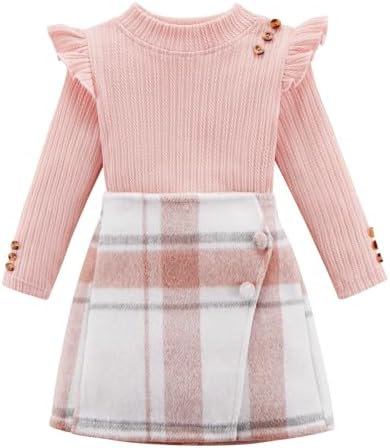 Naiyafly Toddler Girl Outfits Baby Ruffle Ribbed Long Sleeve Ruffle T-Shirt Top Plaid Skirt Fashion Set 3Pcs Kids Girl Fall Winter Clothes 2t 3t 4t 5t 6t