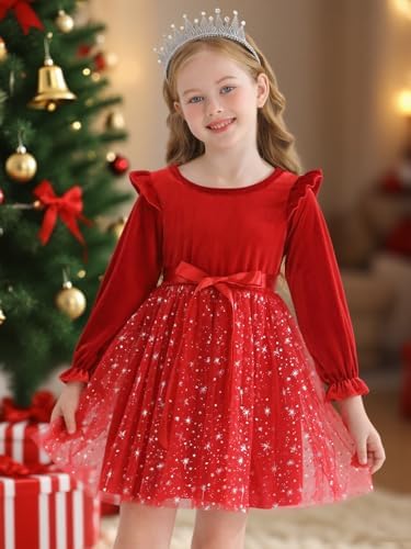 Naiyafly Toddler Girls Dress Velvet Ruffle Long Sleeve Kids Sparkle Sequins Tulle Tutu Christmas Dress Holiday Festive Wedding Party Birthday Fall Winter Princess Dress Outfit 2-7 Years