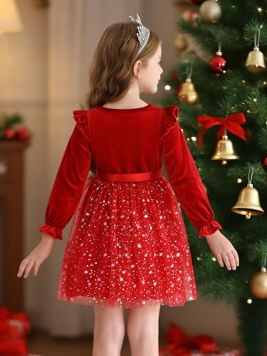 Naiyafly Toddler Girls Dress Velvet Ruffle Long Sleeve Kids Sparkle Sequins Tulle Tutu Christmas Dress Holiday Festive Wedding Party Birthday Fall Winter Princess Dress Outfit 2-7 Years