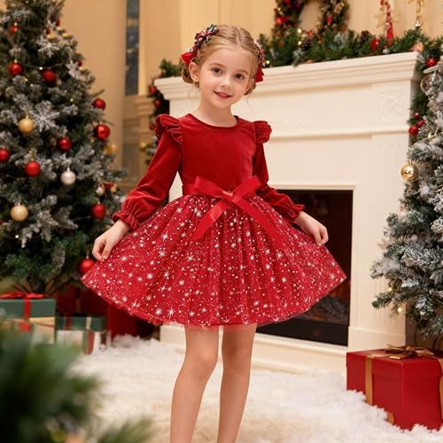 Naiyafly Toddler Girls Dress Velvet Ruffle Long Sleeve Kids Sparkle Sequins Tulle Tutu Christmas Dress Holiday Festive Wedding Party Birthday Fall Winter Princess Dress Outfit 2-7 Years
