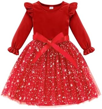 Naiyafly Toddler Girls Dress Velvet Ruffle Long Sleeve Kids Sparkle Sequins Tulle Tutu Christmas Dress Holiday Festive Wedding Party Birthday Fall Winter Princess Dress Outfit 2-7 Years