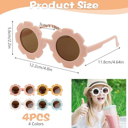 NGUIT 4 Pairs Kids Flower Sunglasses For Girls Boys UV 400 Protection Colorful Baby Toddlers Round Sunglasses Sunflower Flexible Frame For Parties Beach Holidays Outdoor Sports Summer Accessories