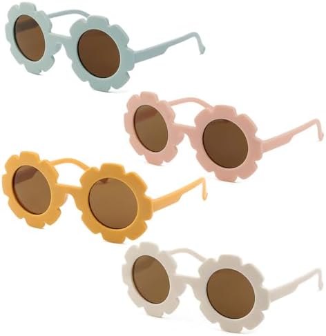 NGUIT 4 Pairs Kids Flower Sunglasses for Girls Boys UV 400 Protection Colorful Baby Toddlers Round Sunglasses Sunflower Flexible Frame for Parties Beach Holidays Outdoor Sports Summer Accessories
