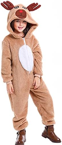 Niceyoeuk Christmas Reindeer Costume Long Sleeve Zip Up One Piece Jumpsuit Sleepwear For Women Girls Christmas Cosplay (Kids 8-10 Years Khaki Kid)