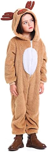 Niceyoeuk Christmas Reindeer Costume Long Sleeve Zip Up One Piece Jumpsuit Sleepwear For Women Girls Christmas Cosplay (Kids 8-10 Years Khaki Kid)