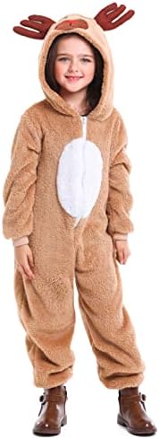 Niceyoeuk Christmas Reindeer Costume Long Sleeve Zip Up One Piece Jumpsuit Sleepwear for Women Girls Christmas Cosplay (Kids 8-10 Years Khaki Kid)