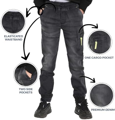 NOROZE Casual Retro Denim Pants Tapered Leg Design Stretchable Jeans Joggers Sweatpants Style Trouser With Elasticated Drawstring Waist UK Sizes 5-13 Years