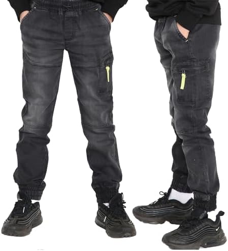 NOROZE Casual Retro Denim Pants Tapered Leg Design Stretchable Jeans Joggers Sweatpants Style Trouser With Elasticated Drawstring Waist UK Sizes 5-13 Years