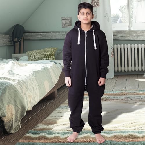 NOROZE Christmas Pjs For Boys Onesie Plain Fleece Hooded Onesies For Girls Sleepsuit Loungewear Jumpsuit For Kids Unisex UK Sizes 5-13 Years