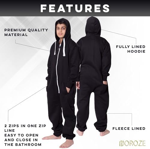 NOROZE Christmas Pjs For Boys Onesie Plain Fleece Hooded Onesies For Girls Sleepsuit Loungewear Jumpsuit For Kids Unisex UK Sizes 5-13 Years
