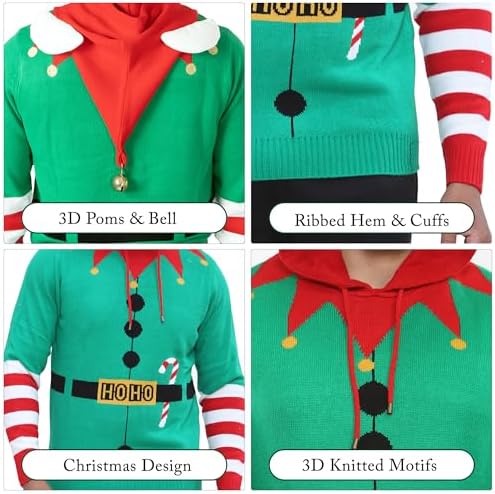 NOROZE Men's Boys Christmas Jumper Hoodie Unisex Elf Hoho Candy Cane 3D Knitted Pullover Kids Family Xmas Matching Top