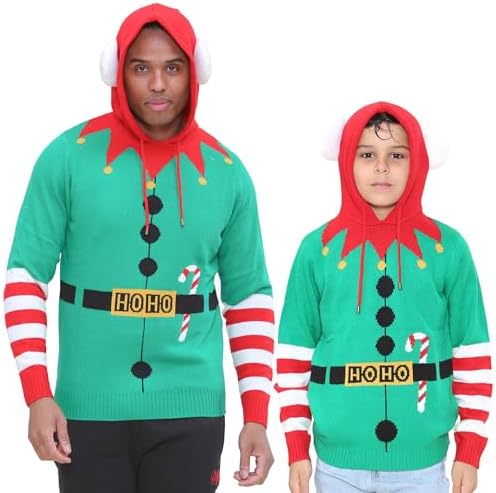 NOROZE Men's Boys Christmas Jumper Hoodie Unisex Elf Hoho Candy Cane 3D Knitted Pullover Kids Family Xmas Matching Top