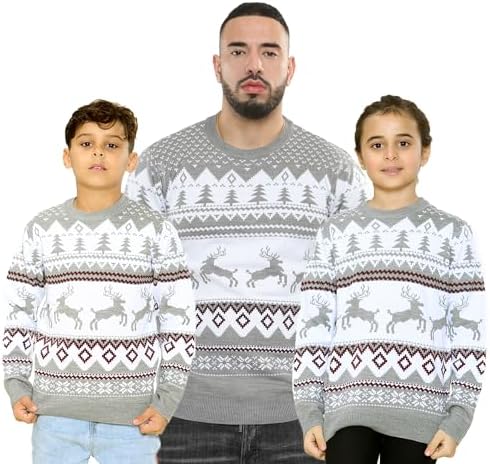 NOROZE Men Women Boys Girls Family Christmas Jumper Ugly Christmas Sweaters Long Sleeve Fairisle Reindeer Snowflake Xmas Tree Knitted Crewneck Sweatshirt For Winter And Holiday Parties