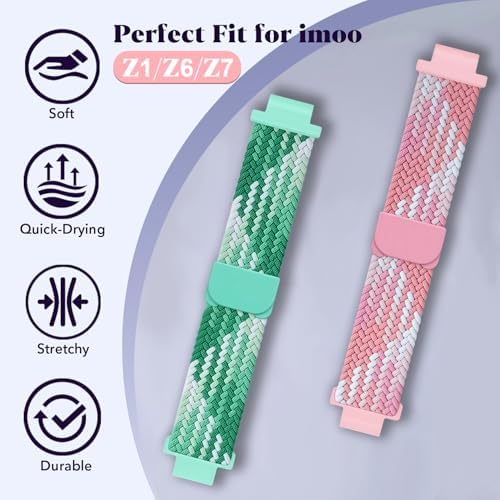 Nylon Band Compatible With Smartwatch Imoo Z1/Z6/Z7 Watch Phone Adjustable Braided Strap With Magnetic Clasp Fits 4.7"–7.8" Soft Breathable Replacement Watchband For Boys Girls—Green/Pink15mm
