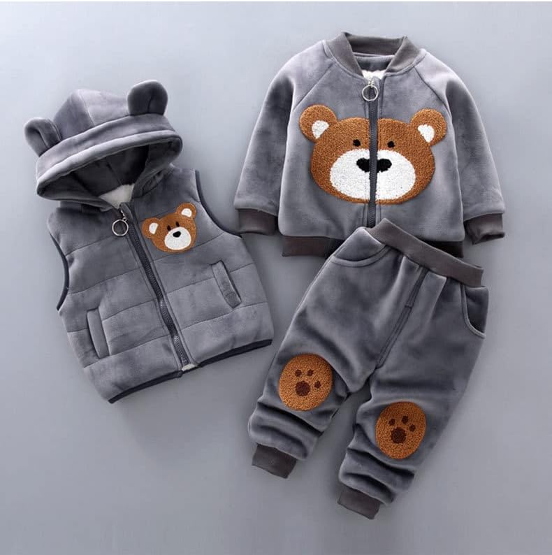 Odziezet Toddlers Warm Outfit Kids Hooded Sleeveless Vest Suit Baby Winter Three Piece Outfits Child Long Sleeve Sweatshirt Pants Sets Babies Cartoon Bear Clothes 0-4 Years