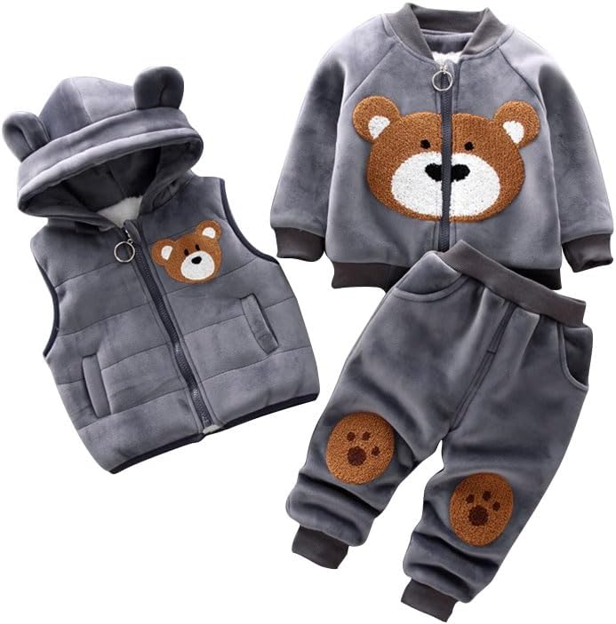 Odziezet Toddlers Warm Outfit Kids Hooded Sleeveless Vest Suit Baby Winter Three Piece Outfits Child Long Sleeve Sweatshirt Pants Sets Babies Cartoon Bear Clothes 0-4 Years