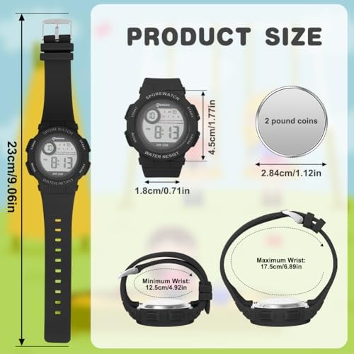 OFFCUP Kids Digital Watch 30m Waterproof Sports Toddler Watch PU Band Children's Wrist Watches Cute LED Electrical Watches For Girls Boys Age 3-11 Indoor And Outdoor (Black-Round)