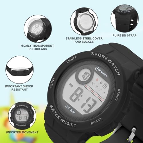 OFFCUP Kids Digital Watch 30m Waterproof Sports Toddler Watch PU Band Children's Wrist Watches Cute LED Electrical Watches For Girls Boys Age 3-11 Indoor And Outdoor (Black-Round)