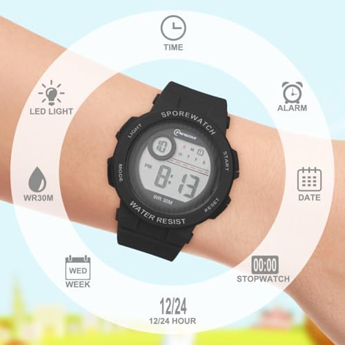 OFFCUP Kids Digital Watch 30m Waterproof Sports Toddler Watch PU Band Children's Wrist Watches Cute LED Electrical Watches For Girls Boys Age 3-11 Indoor And Outdoor (Black-Round)