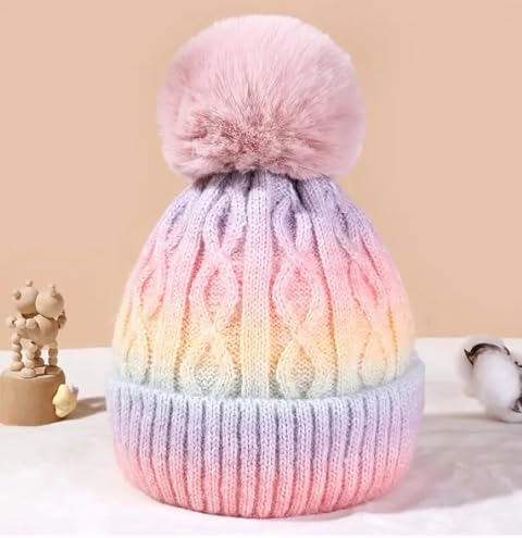 OnlyBee Girls Kids Tie-dye Rainbow Chunky Knit Warm Winter Bobble Hat Approx Age 3 To 7 Years