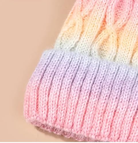 OnlyBee Girls Kids Tie-dye Rainbow Chunky Knit Warm Winter Bobble Hat Approx Age 3 To 7 Years