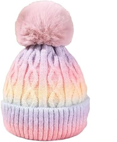 OnlyBee Girls Kids Tie-dye Rainbow Chunky Knit Warm Winter Bobble Hat Approx Age 3 to 7 Years