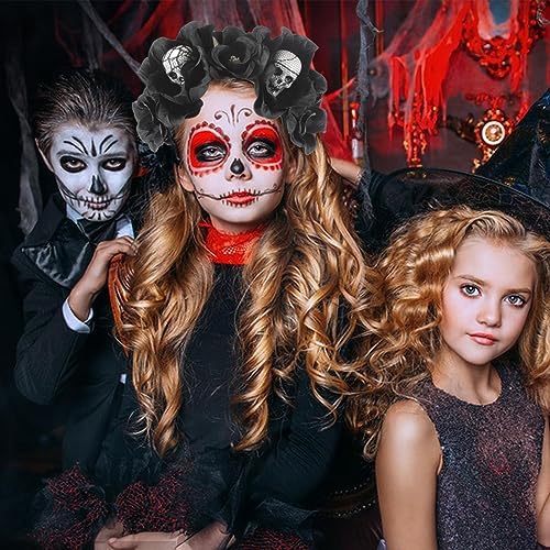 Onlynery Halloween Hair Accessories - Skull Halloween Scary Red Floral Headband Gothic Headpiece Halloween Headband For Kids Teens Girls Boys