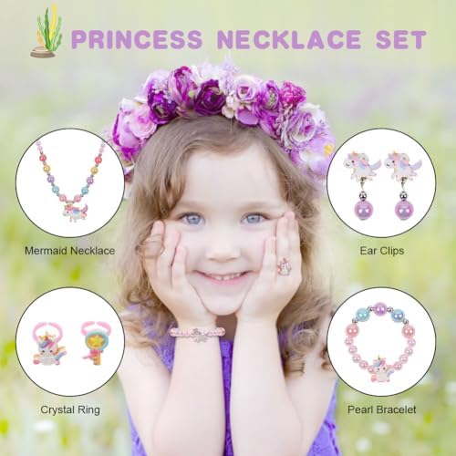 OSDUE Girls Jewelry Set Necklace Earring Bracelet Ring Set Jewelry Favors Set For Little Girl Princess Dress Up Jewelry Party For Toddler Little Girl Play Party Favors Birthday Gift