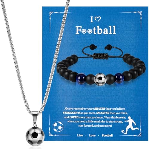Otuuz 2 Pcs Football Gifts for Boys Include Football Chain Necklace and Bracelet with Card Christmas Birthday Graduation Presents for Teenage Girl Son Grandson Nephew Brother(Fresh)