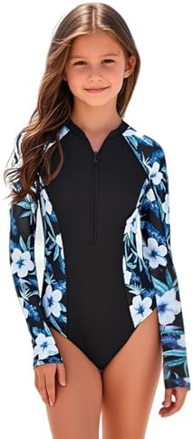 OXUBOAO Kids Swimming Costume For Girls Long Sleeve Swimsuit Girls One Piece Bathing Suit Floral Zipper Swim Suit