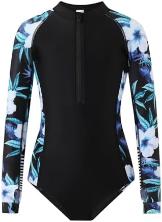 OXUBOAO Kids Swimming Costume for Girls Long Sleeve Swimsuit Girls One Piece Bathing Suit Floral Zipper Swim Suit