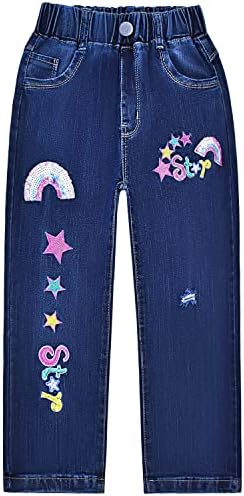 Peacolate 2-12Years Little Big Girl Jeans Embroidered Flared Jeans Retro Pants Blue
