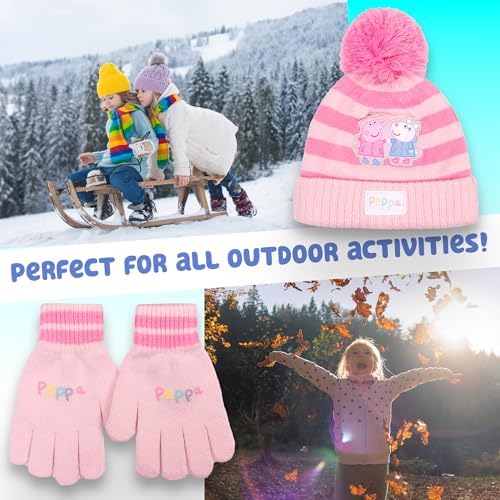 Peppa Pig Children's Winter Hat & Gloves Set Warm And Comfy Beanie Hat & Gloves Set For Girl - Gift For Girls Age 2-7