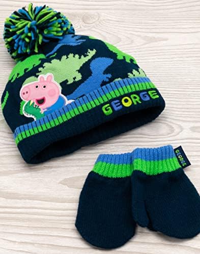 Peppa Pig George Hat And Mittens Set Kids Children Toddlers Boys Blue Green Dinosaur Winter Double Lined Beanie Gloves One Size Hat