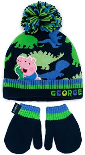 Peppa Pig George Hat and Mittens Set Kids Children Toddlers Boys Blue Green Dinosaur Winter Double Lined Beanie Gloves One Size Hat