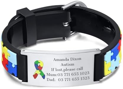 Personalised Child Safety ID Wristband - Engraved Name Contact Number Emergency Medical Bracelet for Autism Kids Customised Anti Lost ID Wristband for Children Boys Girls Waterproof Adjustable