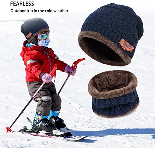 Petrunup 2/3Pcs Boys Beanie Hat And Loop Scarf Set Warm Winter Hats Knitted For Girls Kids Children