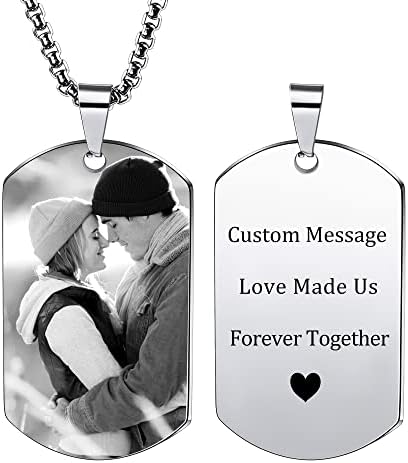 PHOCKSIN Custom Necklaces Personalised dog Tag Necklace Text Engraving Customised Photo Pendant Necklace for Men Women Stainless Steel Jewelry Bundle with Adjustable 24" Rolo Chain