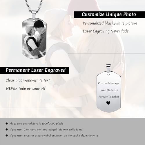 PHOCKSIN Custom Necklaces Personalised Dog Tag Necklace Text Engraving Customised Photo Pendant Necklace For Men Women Stainless Steel Jewelry Bundle With Adjustable 24" Rolo Chain